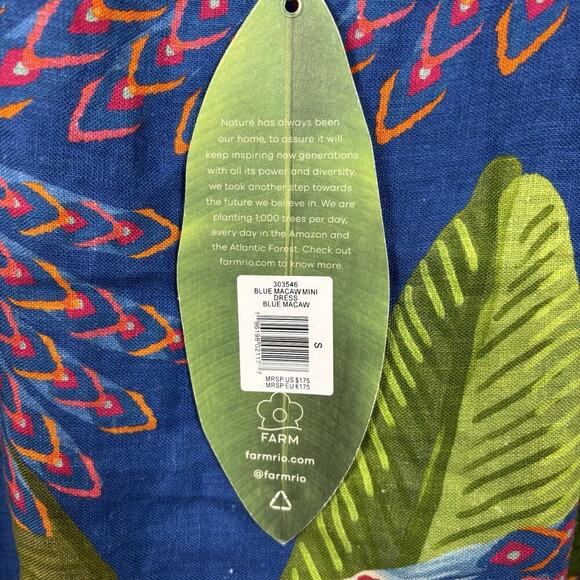 FARM RIO Mini Wrap Dress Small Blue Macaw Print 100% Linen NWT Colorful Tropical - Picture 5 of 8